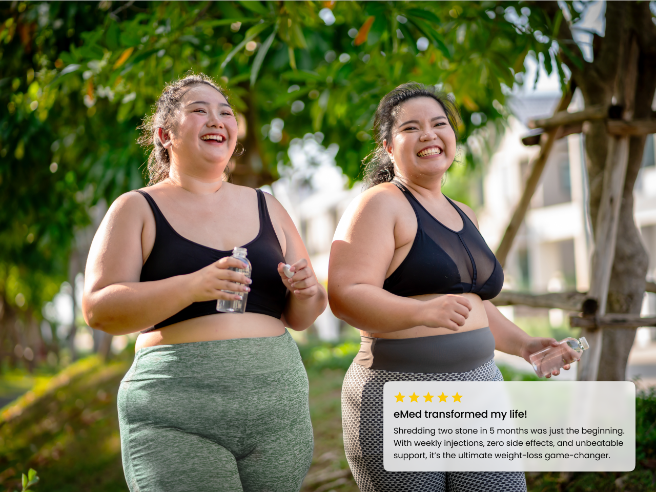 Two happy women exercising as part of their weight management programme